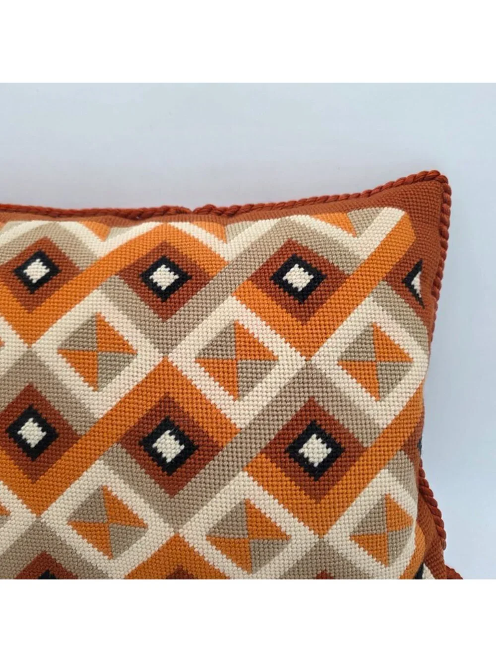 Mid-Century Geometric Needlepoint Throw Pillow With Velvet Back In Orange 18